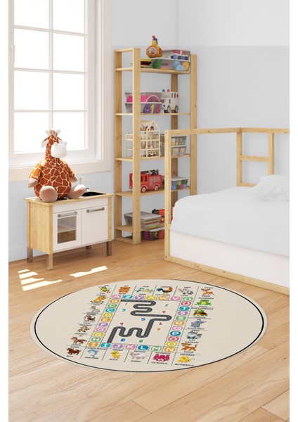 Ingilizce Harf Ve Hayvan Temalı Eğitici Yuvarlak Çocuk Odası Oyun Halısı, Y-Çocuk-44-Krem, indirimleri
