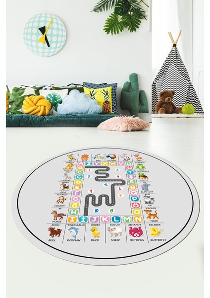 Ingilizce Harf Ve Hayvan Temalı Eğitici Yuvarlak Çocuk Odası Oyun Halısı, Y-Çocuk-44-Renlki,