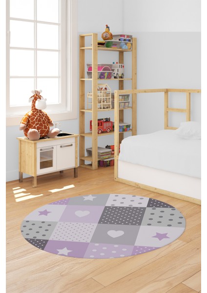 Dijital Baskılı Kaymaz Yıkanabilir Yıldız Kalp Desenli Yuvarlak Çocuk Odası Halısı, Y-Çocuk-10-Mor,