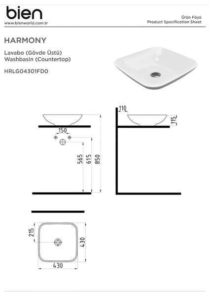 Harmony 43 cm Gövde Üstü Lavabo Batarya Deliksiz Taşma Kanalsız