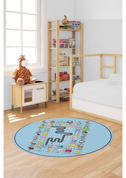 Ingilizce Harf Ve Hayvan Temalı Eğitici Yuvarlak Çocuk Odası Oyun Halısı, Y-Çocuk-44-Mavi, indirimleri