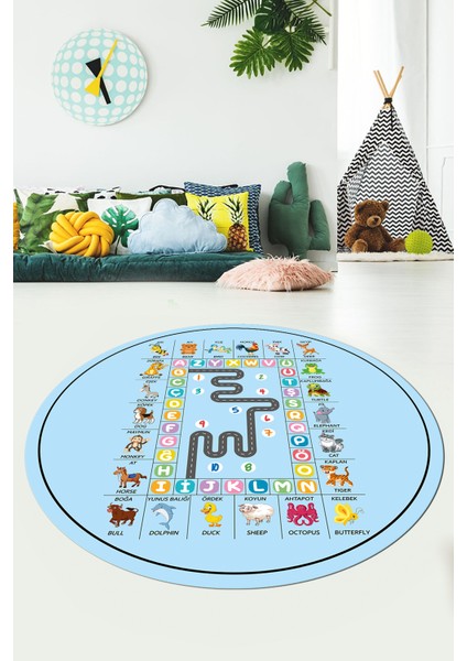 Ingilizce Harf Ve Hayvan Temalı Eğitici Yuvarlak Çocuk Odası Oyun Halısı, Y-Çocuk-44-Mavi,