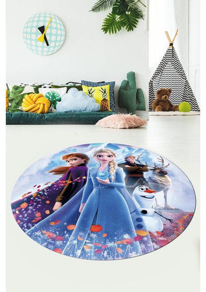 Dijital Kaymaz Yıkanabilir Çizgifilm Temalı Kız Yuvarlak Çocuk Odası Halısı, Y-Çocuk-42-Renkli,