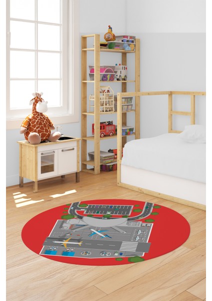 Havalimanı Uçak Temalı Eğitici Eğkendirici Yuvarlak Çocuk Odası Halısı, Y-Çocuk-50-Kırmızı,