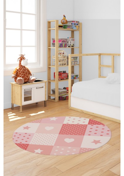 Dijital Baskılı Kaymaz Yıkanabilir Yıldız Kalp Desenli Yuvarlak Çocuk Odası Halısı, Y-Çocuk-10-Pembe,
