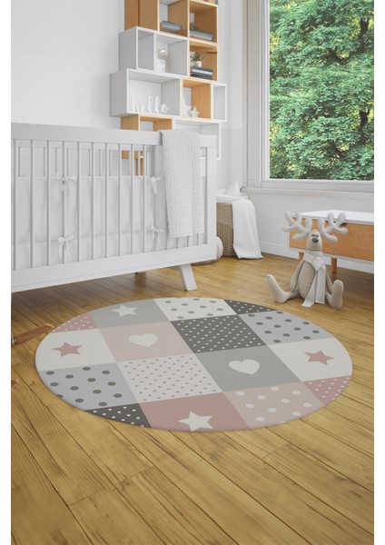 Dijital Baskılı Kaymaz Yıkanabilir Yıldız Kalp Desenli Yuvarlak Çocuk Odası Halısı, Y-Çocuk-10-Renkli, fiyatları