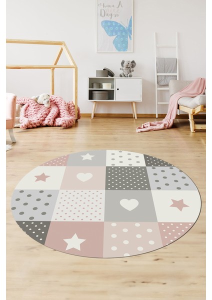 Dijital Baskılı Kaymaz Yıkanabilir Yıldız Kalp Desenli Yuvarlak Çocuk Odası Halısı, Y-Çocuk-10-Renkli, modelleri