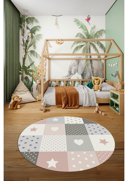 Dijital Baskılı Kaymaz Yıkanabilir Yıldız Kalp Desenli Yuvarlak Çocuk Odası Halısı, Y-Çocuk-10-Renkli, fırsatları