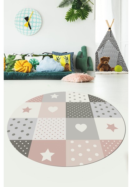 Dijital Baskılı Kaymaz Yıkanabilir Yıldız Kalp Desenli Yuvarlak Çocuk Odası Halısı, Y-Çocuk-10-Renkli, indirimleri