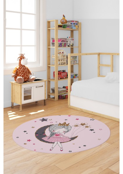 Kaymaz Taban Yıkanabilir Ayda Oturan Prenses Desenli Yuvarlak Çocuk Odası Halısı, Y-Çocuk-13-Pembe,