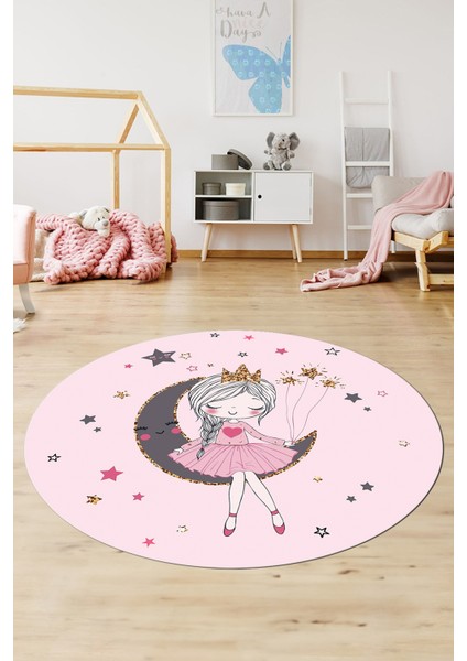 Kaymaz Taban Yıkanabilir Ayda Oturan Prenses Desenli Yuvarlak Çocuk Odası Halısı, Y-Çocuk-13-Pembe, modelleri