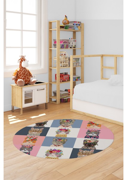 Dijital Baskılı Kaymaz Yıkanabilir Renkli Kedi Desenli Yuvarlak Çocuk Odası Halısı, Y-Çocuk-11-Renkli,