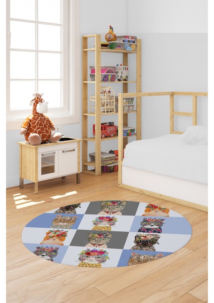 Dijital Baskılı Kaymaz Yıkanabilir Renkli Kedi Desenli Yuvarlak Çocuk Odası Halısı, Y-Çocuk-11-Mavi,