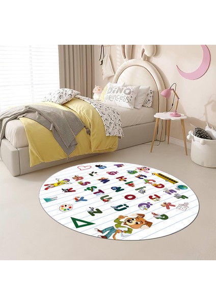 Dijital Kaymaz Yıkanabilir Alfabe Eğitici Yuvarlak Çocuk Odası Oyun Halısı, Y-Çocuk-33-Beyaz,
