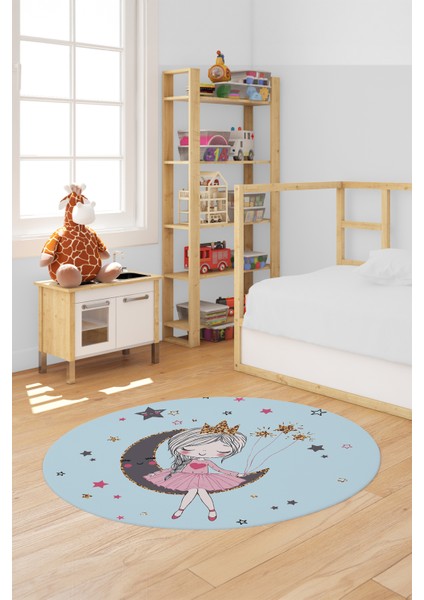 Kaymaz Taban Yıkanabilir Ayda Oturan Prenses Desenli Yuvarlak Çocuk Odası Halısı, Y-Çocuk-13-Mavi,