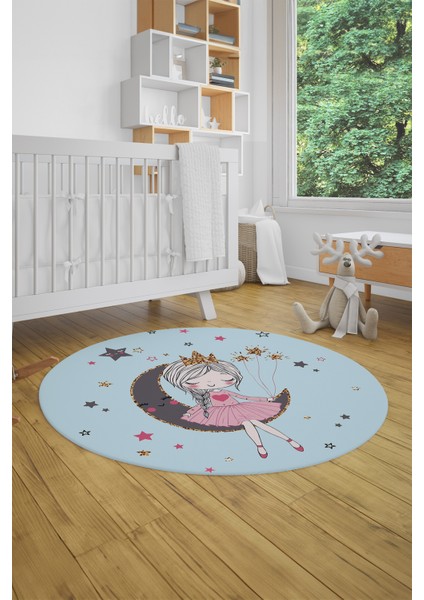 Kaymaz Taban Yıkanabilir Ayda Oturan Prenses Desenli Yuvarlak Çocuk Odası Halısı, Y-Çocuk-13-Mavi, fiyatları