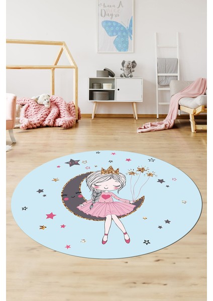 Kaymaz Taban Yıkanabilir Ayda Oturan Prenses Desenli Yuvarlak Çocuk Odası Halısı, Y-Çocuk-13-Mavi, modelleri