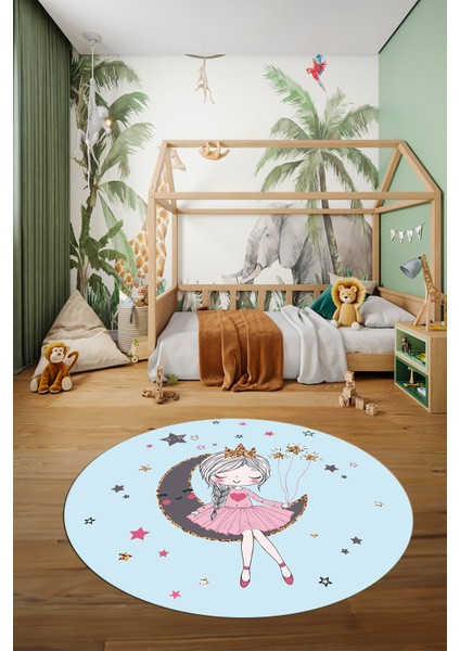 Kaymaz Taban Yıkanabilir Ayda Oturan Prenses Desenli Yuvarlak Çocuk Odası Halısı, Y-Çocuk-13-Mavi, fırsatları