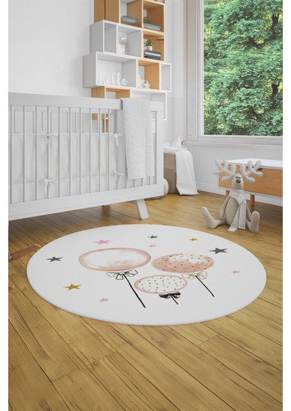 Dijital Kaymaz Yıkanabilir Balon Yıldız Desenli Yuvarlak Çocuk Odası Halısı, Y-Çocuk-24-Beyaz,