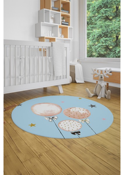 Dijital Kaymaz Yıkanabilir Balon Yıldız Desenli Yuvarlak Çocuk Odası Halısı, Y-Çocuk-24-Mavi,