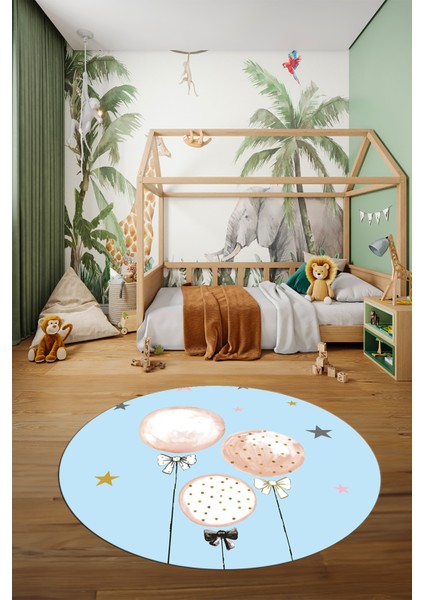Dijital Kaymaz Yıkanabilir Balon Yıldız Desenli Yuvarlak Çocuk Odası Halısı, Y-Çocuk-24-Mavi, modelleri