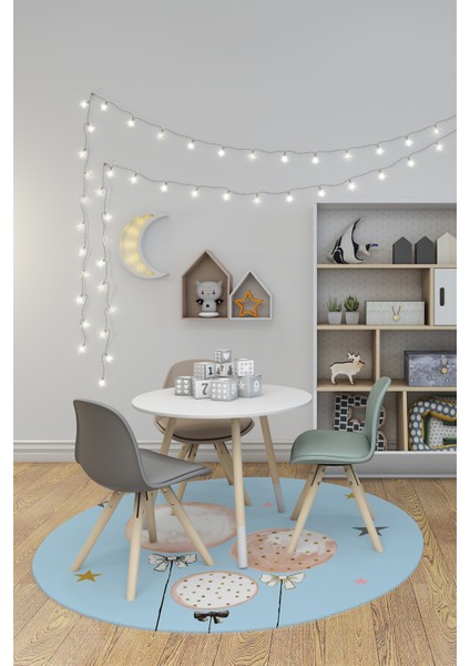 Dijital Kaymaz Yıkanabilir Balon Yıldız Desenli Yuvarlak Çocuk Odası Halısı, Y-Çocuk-24-Mavi, indirimleri