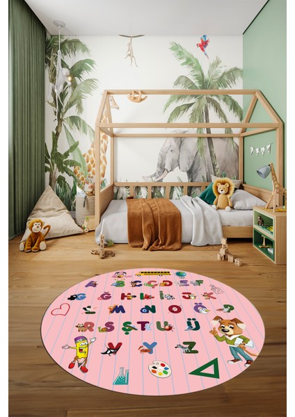 Dijital Kaymaz Yıkanabilir Alfabe Eğitici Yuvarlak Çocuk Odası Oyun Halısı, Y-Çocuk-33-Pembe,