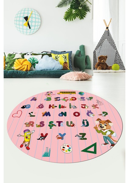 Dijital Kaymaz Yıkanabilir Alfabe Eğitici Yuvarlak Çocuk Odası Oyun Halısı, Y-Çocuk-33-Pembe, fiyatları