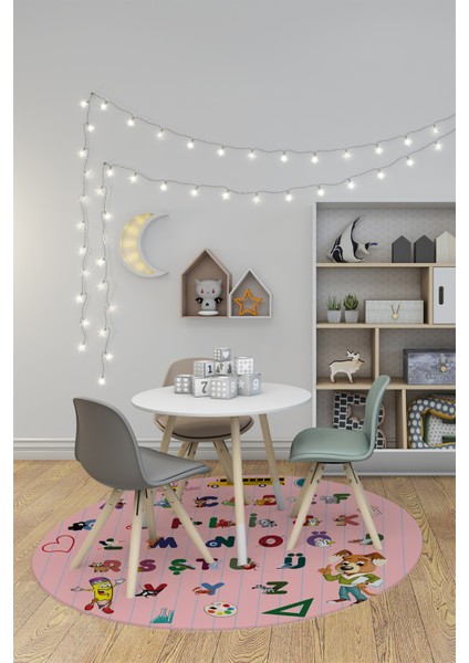 Dijital Kaymaz Yıkanabilir Alfabe Eğitici Yuvarlak Çocuk Odası Oyun Halısı, Y-Çocuk-33-Pembe, modelleri