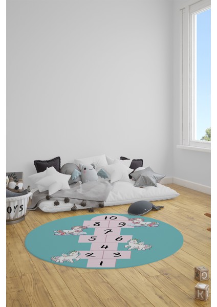 Unicornlu Seksek Desen Yıkanabilir Eğlenceli Yuvarlak Çocuk Odası Oyun Halısı, Y-Çocuk-37-Turkuaz, fırsatları