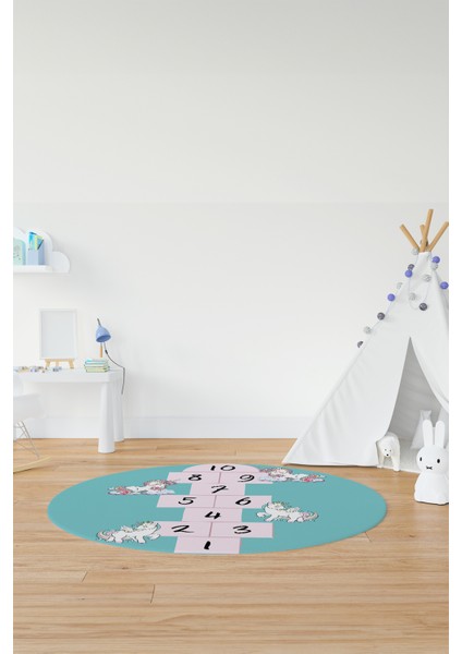 Unicornlu Seksek Desen Yıkanabilir Eğlenceli Yuvarlak Çocuk Odası Oyun Halısı, Y-Çocuk-37-Turkuaz, indirimleri