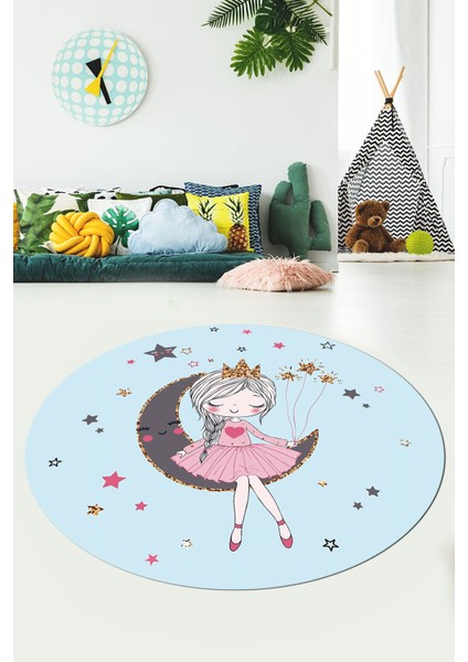 Kaymaz Taban Yıkanabilir Ayda Oturan Prenses Desenli Yuvarlak Çocuk Odası Halısı, Y-Çocuk-13-Mavi, indirimleri