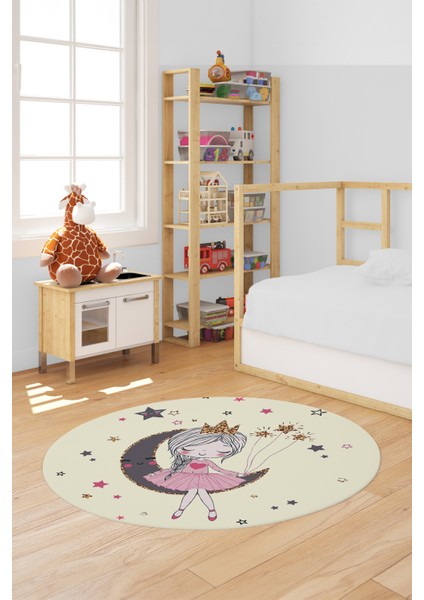 Kaymaz Taban Yıkanabilir Ayda Oturan Prenses Desenli Yuvarlak Çocuk Odası Halısı, Y-Çocuk-13-Krem,