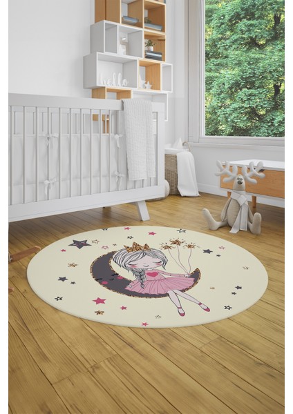 Kaymaz Taban Yıkanabilir Ayda Oturan Prenses Desenli Yuvarlak Çocuk Odası Halısı, Y-Çocuk-13-Krem, fiyatları
