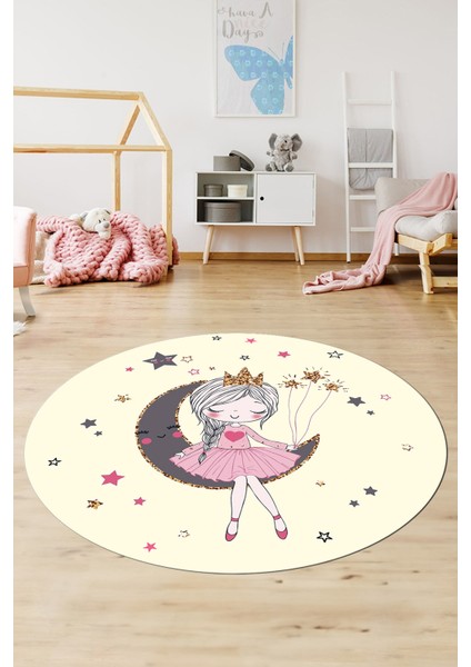 Kaymaz Taban Yıkanabilir Ayda Oturan Prenses Desenli Yuvarlak Çocuk Odası Halısı, Y-Çocuk-13-Krem, modelleri