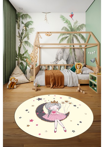 Kaymaz Taban Yıkanabilir Ayda Oturan Prenses Desenli Yuvarlak Çocuk Odası Halısı, Y-Çocuk-13-Krem, fırsatları