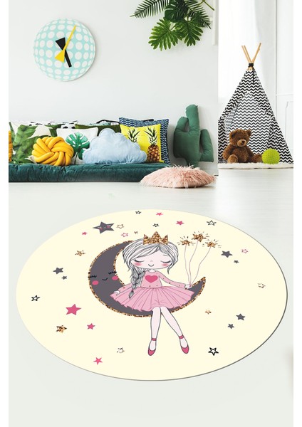 Kaymaz Taban Yıkanabilir Ayda Oturan Prenses Desenli Yuvarlak Çocuk Odası Halısı, Y-Çocuk-13-Krem, indirimleri