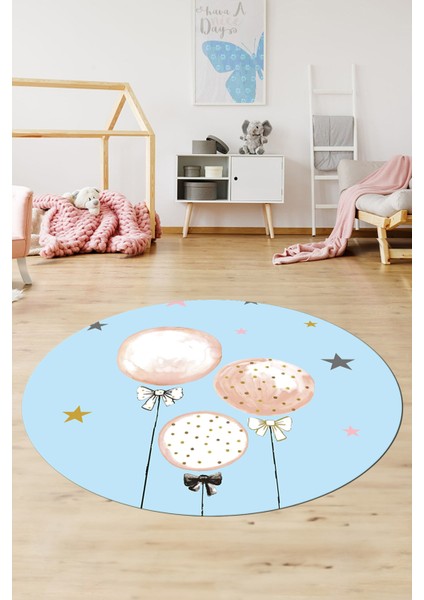 Dijital Kaymaz Yıkanabilir Balon Yıldız Desenli Yuvarlak Çocuk Odası Halısı, Y-Çocuk-24-Mavi,