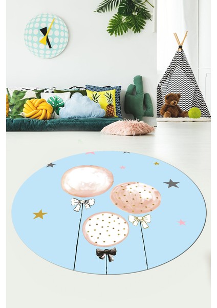 Dijital Kaymaz Yıkanabilir Balon Yıldız Desenli Yuvarlak Çocuk Odası Halısı, Y-Çocuk-24-Mavi,