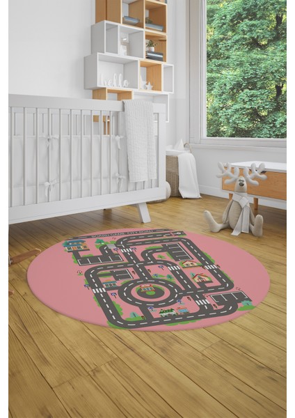 Kaymaz Taban Yıkanabilir Trafik Yol Desen Eğlendirici Yuvarlak Çocuk Odası Halısı, Y-Çocuk-17-Pembe,