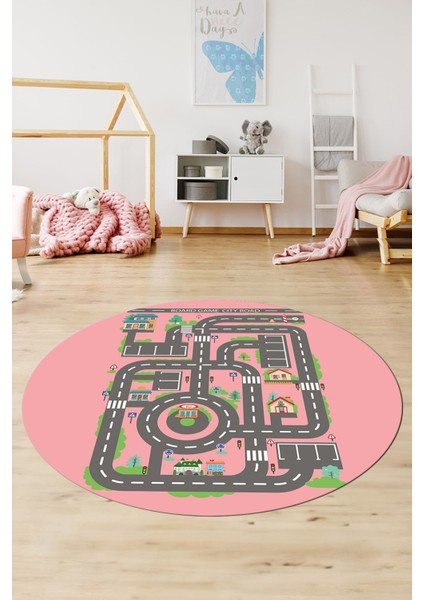 Kaymaz Taban Yıkanabilir Trafik Yol Desen Eğlendirici Yuvarlak Çocuk Odası Halısı, Y-Çocuk-17-Pembe, fiyatları