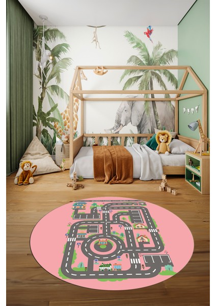 Kaymaz Taban Yıkanabilir Trafik Yol Desen Eğlendirici Yuvarlak Çocuk Odası Halısı, Y-Çocuk-17-Pembe, modelleri
