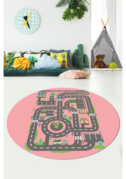 Kaymaz Taban Yıkanabilir Trafik Yol Desen Eğlendirici Yuvarlak Çocuk Odası Halısı, Y-Çocuk-17-Pembe, fırsatları