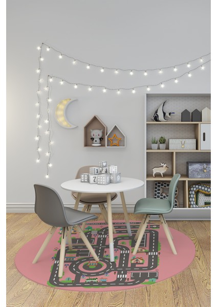 Kaymaz Taban Yıkanabilir Trafik Yol Desen Eğlendirici Yuvarlak Çocuk Odası Halısı, Y-Çocuk-17-Pembe, indirimleri