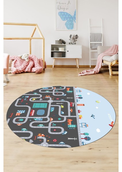 Dijital Kaymaz Yıkanabilir Şehir Trafik Temalı Yuvarlak Çocuk Odası Oyun Halısı, Y-Çocuk-19-Antrasit, fiyatları