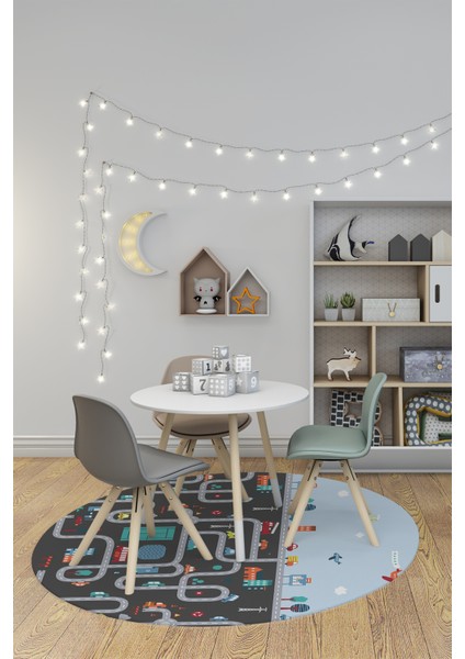 Dijital Kaymaz Yıkanabilir Şehir Trafik Temalı Yuvarlak Çocuk Odası Oyun Halısı, Y-Çocuk-19-Antrasit, indirimleri