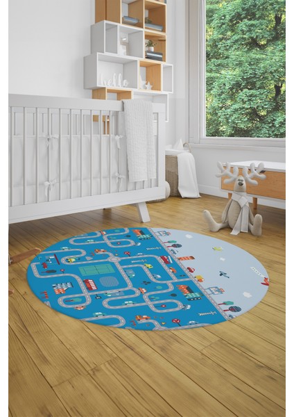 Dijital Kaymaz Yıkanabilir Şehir Trafik Temalı Yuvarlak Çocuk Odası Oyun Halısı, Y-Çocuk-19-Mavi,