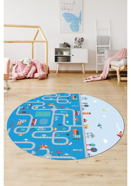 Dijital Kaymaz Yıkanabilir Şehir Trafik Temalı Yuvarlak Çocuk Odası Oyun Halısı, Y-Çocuk-19-Mavi, fiyatları