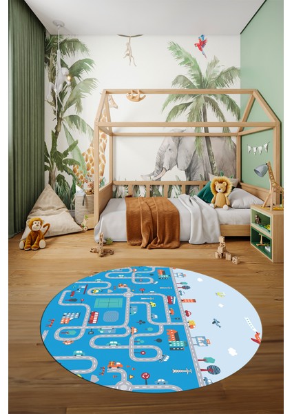 Dijital Kaymaz Yıkanabilir Şehir Trafik Temalı Yuvarlak Çocuk Odası Oyun Halısı, Y-Çocuk-19-Mavi, modelleri