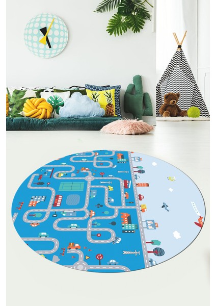 Dijital Kaymaz Yıkanabilir Şehir Trafik Temalı Yuvarlak Çocuk Odası Oyun Halısı, Y-Çocuk-19-Mavi, fırsatları
